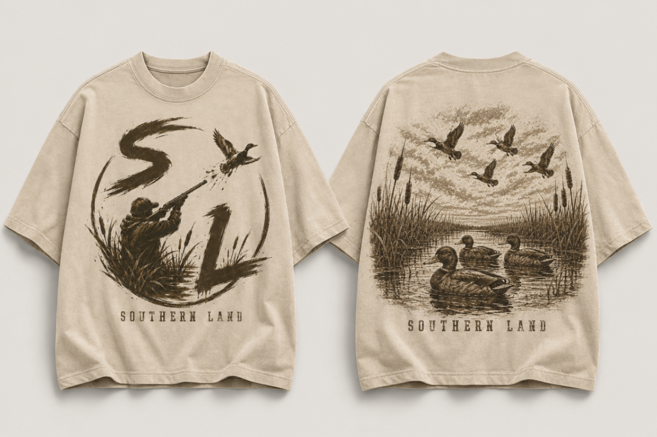 Hunter / Marsh Tee in field bone, front SL brush mark and back marsh scene with ducks