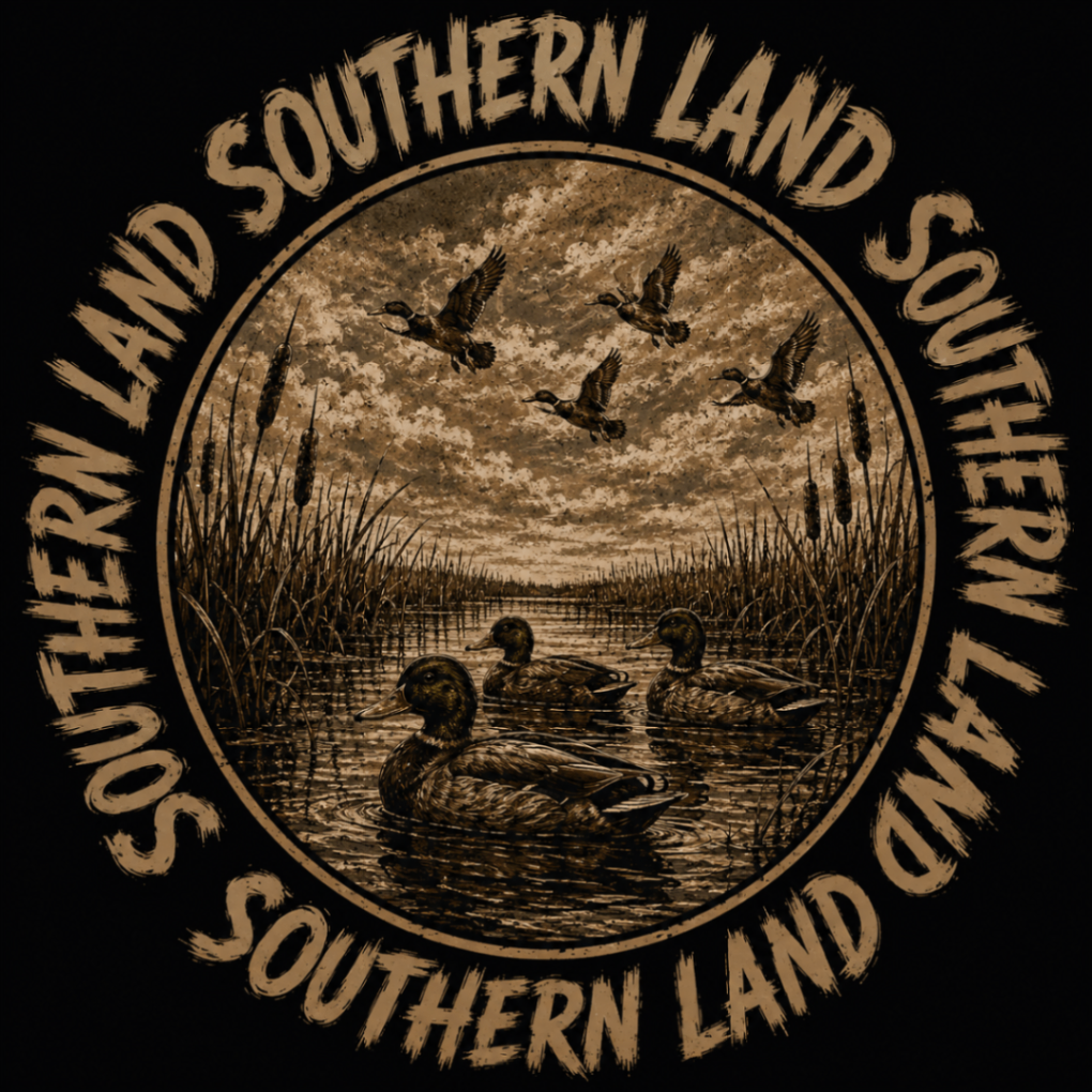 The Southern Land marsh circle: mallards dropping into still water inside a ring of lettering