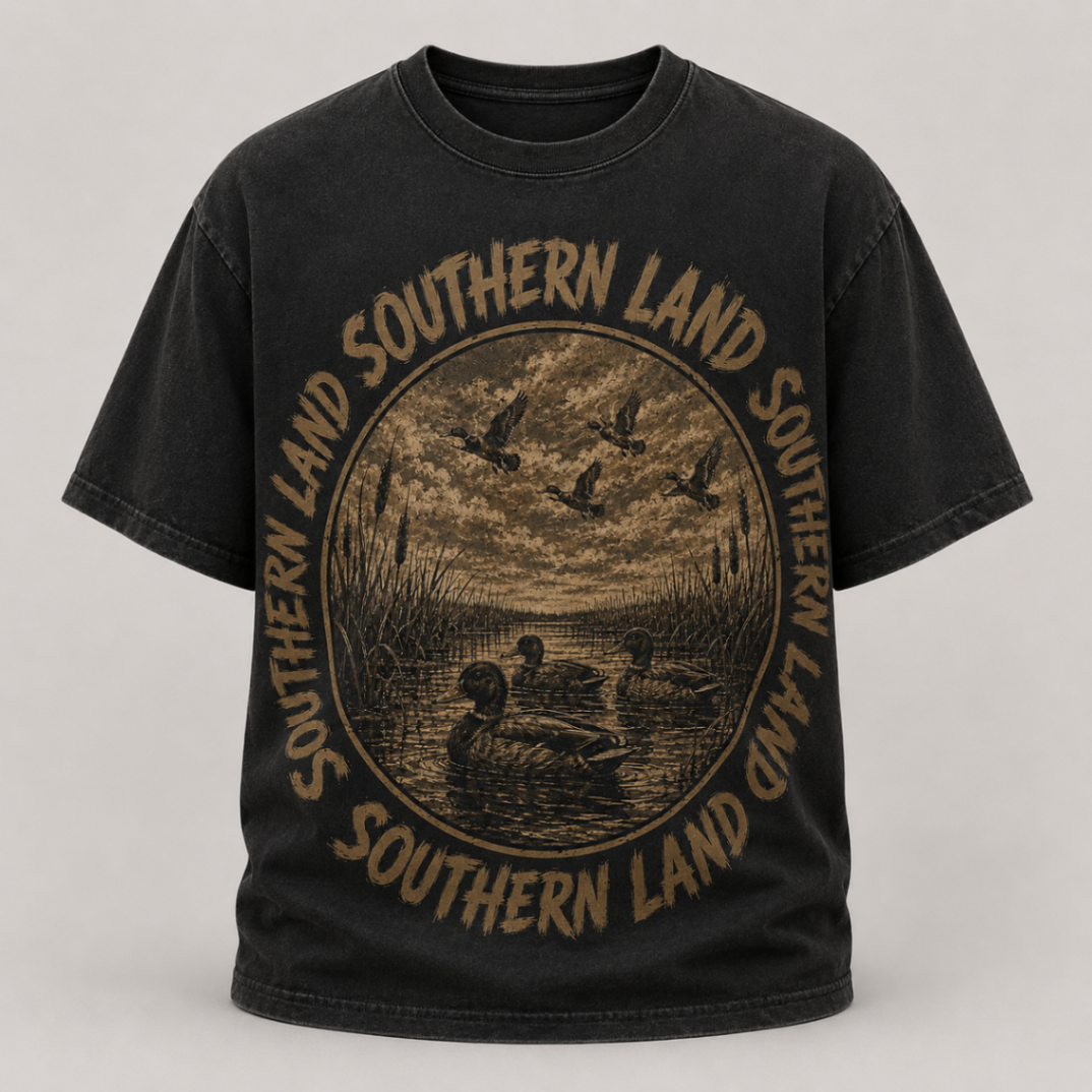 Marsh Pocket Tee in washed black with the Southern Land marsh circle print across the back